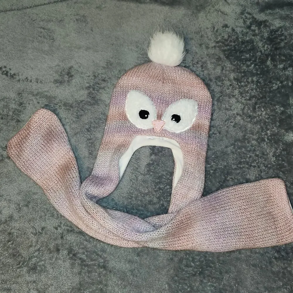 Children’s Place Pink Owl Hat + Scarf Set • L/XL Girls • GUC
